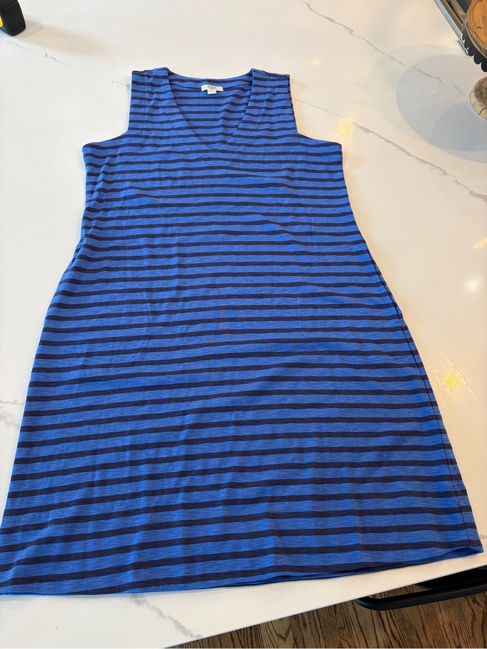 NZT Striped Blue V-Neck Sleeveless Dress Size Medium